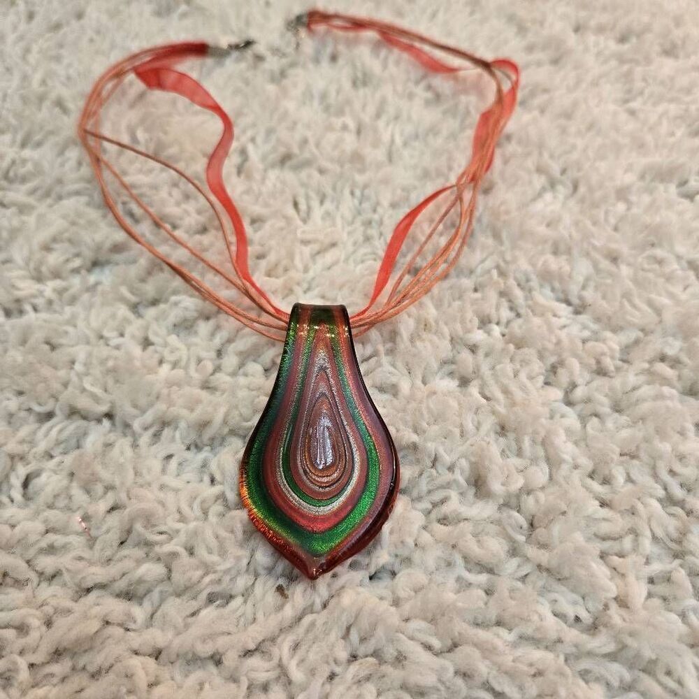 Glass Pendant Red Green on Ribbon Necklace